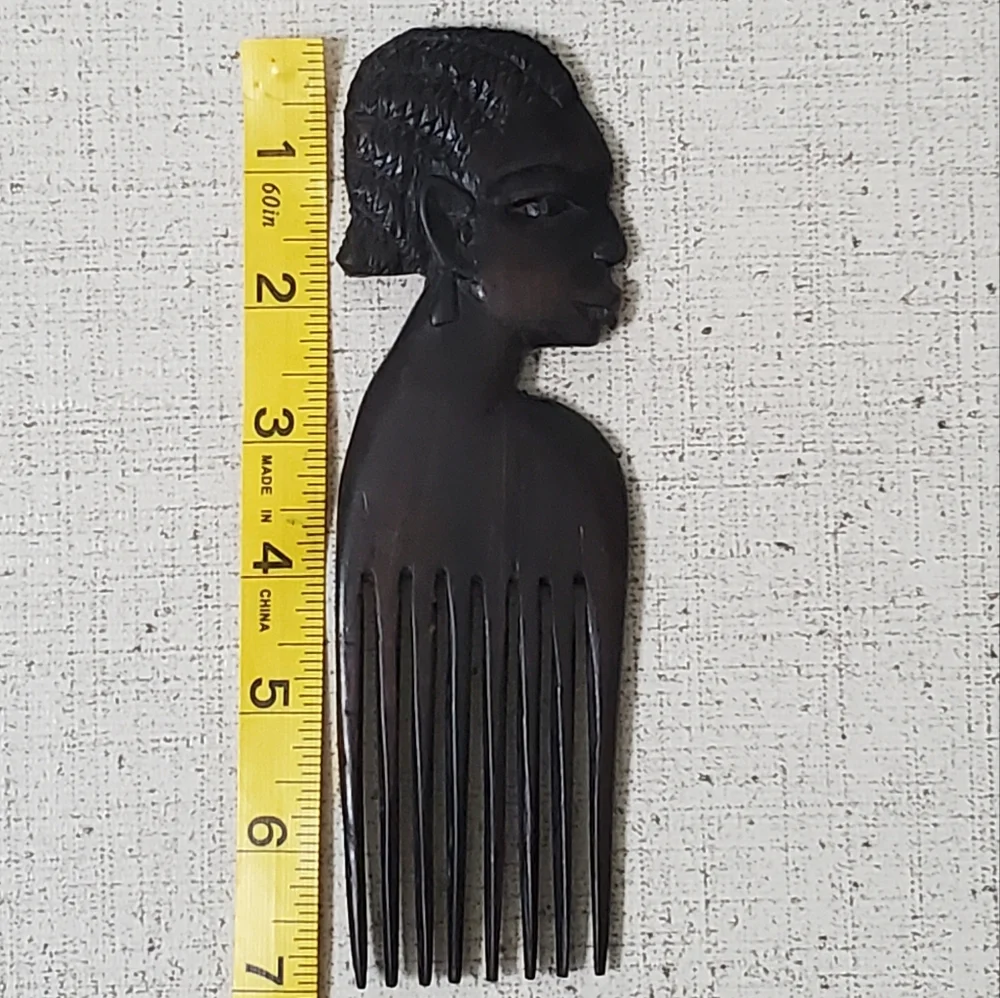 African Ebony Wood Hair Pick, Hand Carved, Vintage, 7